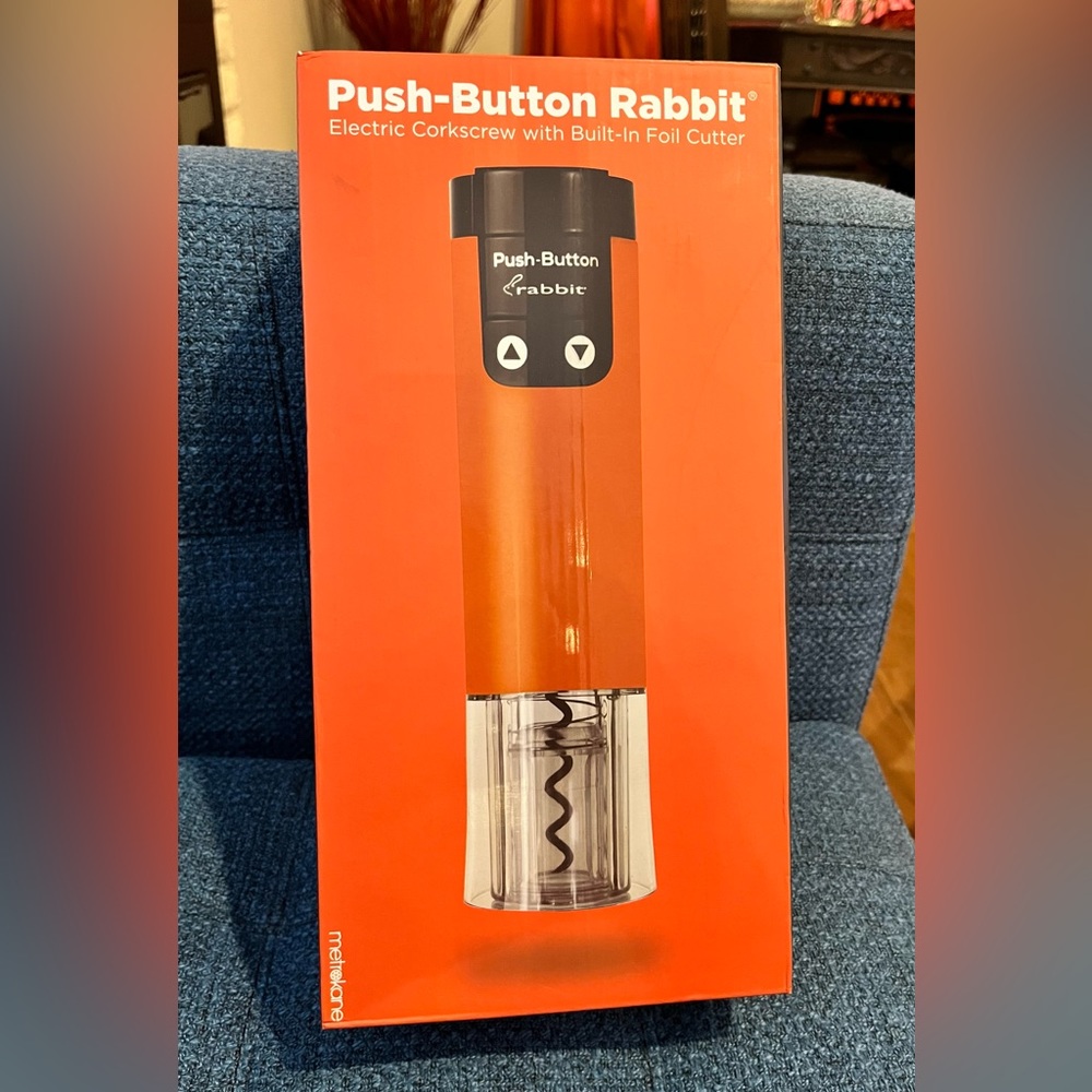 New In Box Push-Button Rabbit Electric Corkscrew With Built-In Foil Cutter.